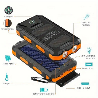 7000mAh Solar Power Bank with LED Light -OrangeBlack 1 Pc